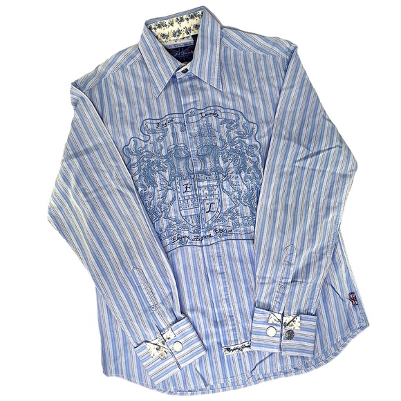 English Laundry Embroidered Blue Stripe Shirt - Picture 2 of 8